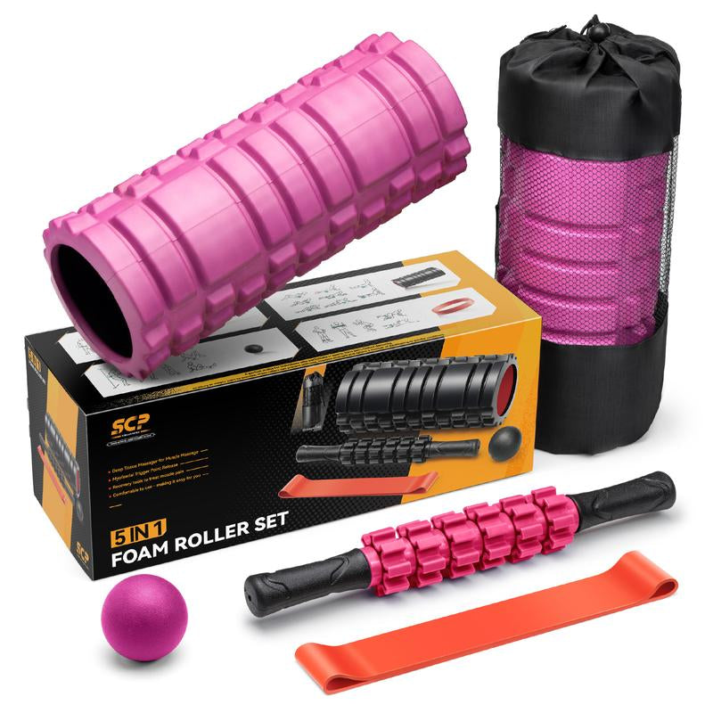 5-in-1 Foam Roller Set with Trigger Point Rollers, Massage Stick, Massage Ball, and Resistance Band for Comprehensive Deep Muscle Relief in Pilates, Yoga, and Fitness Exercise.
