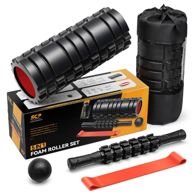 5-in-1 Foam Roller Set with Trigger Point Rollers, Massage Stick, Massage Ball, and Resistance Band for Comprehensive Deep Muscle Relief in Pilates, Yoga, and Fitness Exercise.