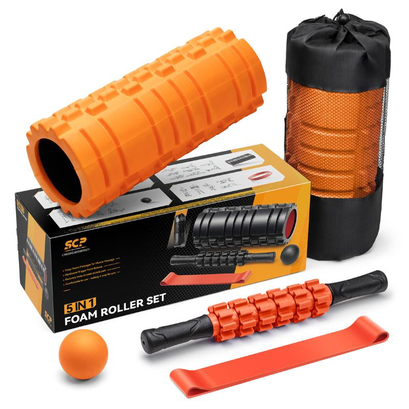 5-in-1 Foam Roller Set with Trigger Point Rollers, Massage Stick, Massage Ball, and Resistance Band for Comprehensive Deep Muscle Relief in Pilates, Yoga, and Fitness Exercise.