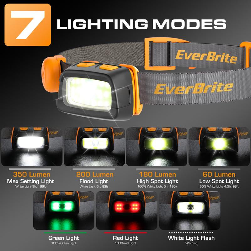 Everbrite Rechargeable Headlamp, 350 Lumens with Red Light and Memory Function, 7 Modes for Camping, Fishing, Hunting, and Night Vision