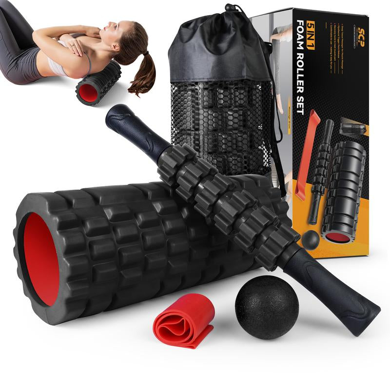 5-in-1 Foam Roller Set with Trigger Point Rollers, Massage Stick, Massage Ball, and Resistance Band for Comprehensive Deep Muscle Relief in Pilates, Yoga, and Fitness Exercise.
