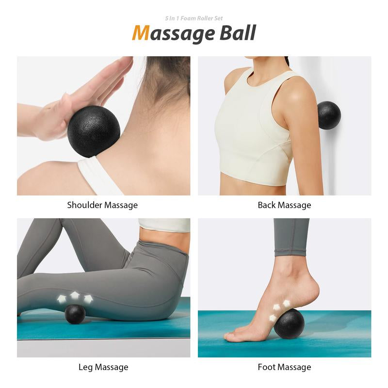 5-in-1 Foam Roller Set with Trigger Point Rollers, Massage Stick, Massage Ball, and Resistance Band for Comprehensive Deep Muscle Relief in Pilates, Yoga, and Fitness Exercise.