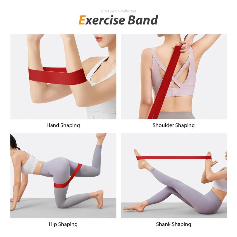 5-in-1 Foam Roller Set with Trigger Point Rollers, Massage Stick, Massage Ball, and Resistance Band for Comprehensive Deep Muscle Relief in Pilates, Yoga, and Fitness Exercise.