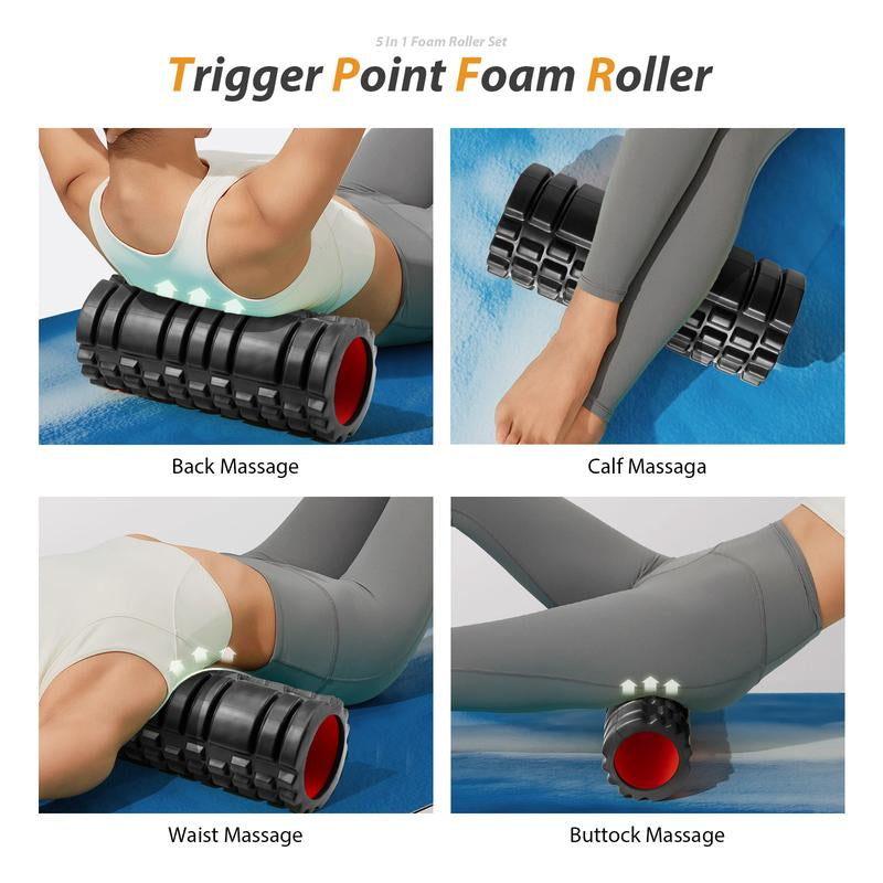 5-in-1 Foam Roller Set with Trigger Point Rollers, Massage Stick, Massage Ball, and Resistance Band for Comprehensive Deep Muscle Relief in Pilates, Yoga, and Fitness Exercise.