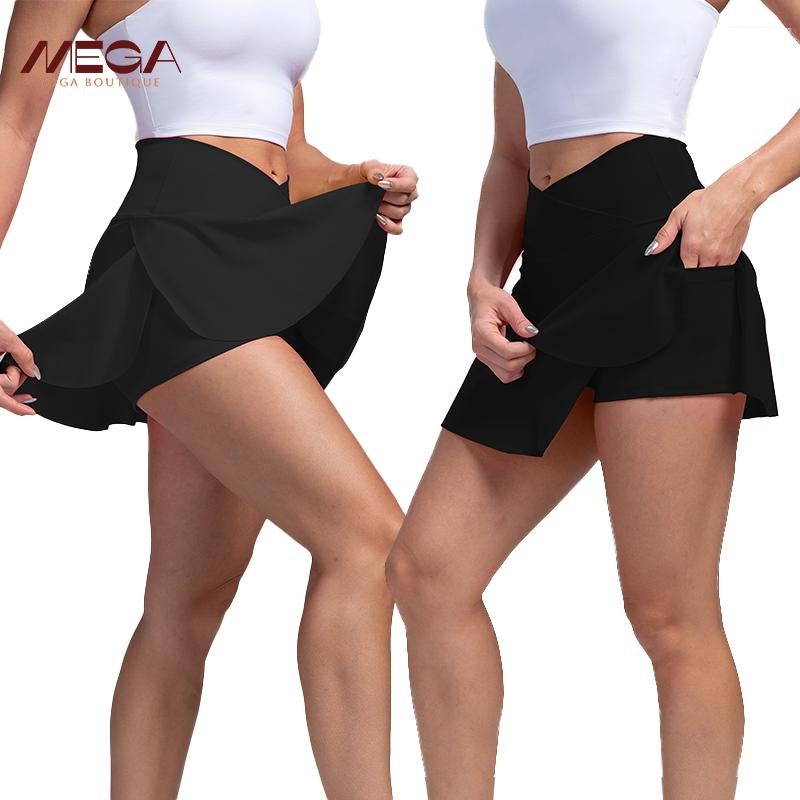 High Waist Pleated Skirt Shorts for Women - 4-Way Stretch Nylon Spandex Athletic Shorts with Moisture-Wicking | Yoga/Running/Tennis