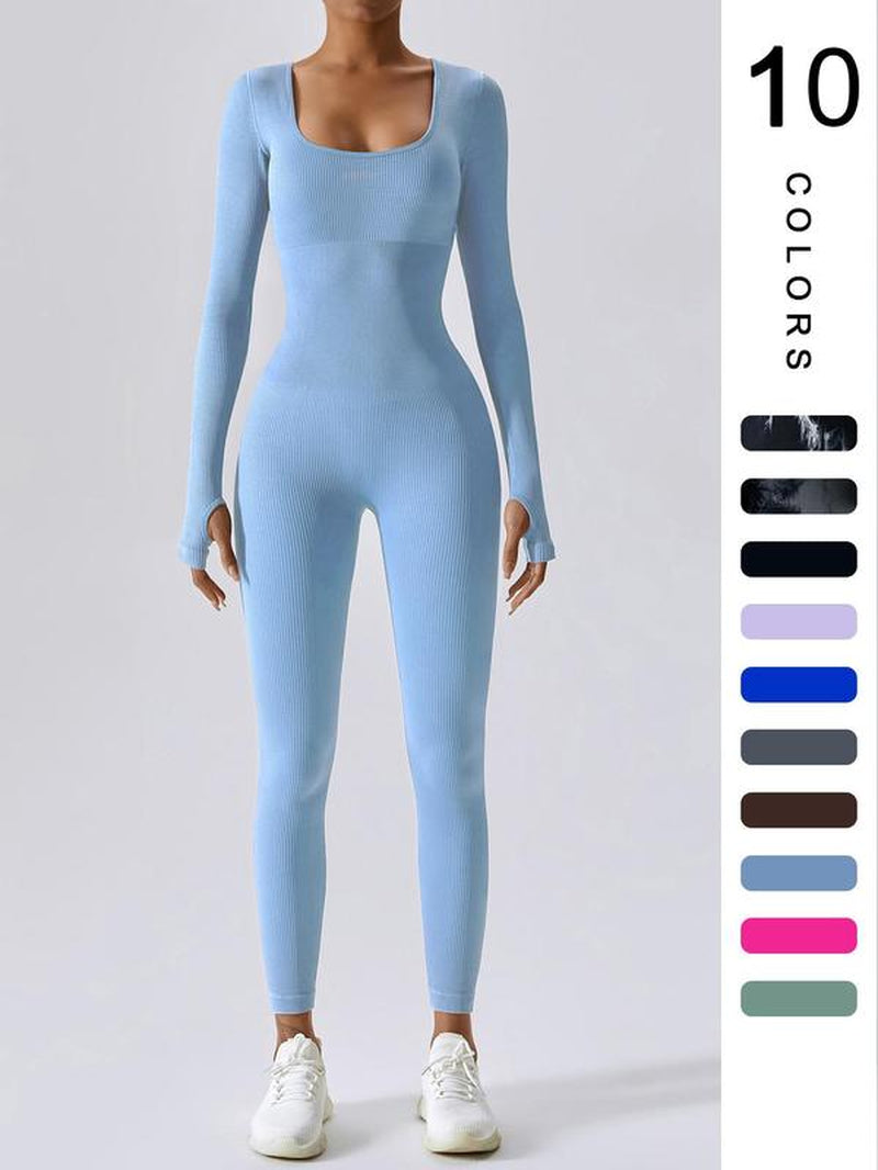 Women'S Solid Ribbed Long Sleeve Sports Playsuit Tummy Control Jumpsuit, Workout Ribbed Long Sleeve Exercise Bodycon Jumpsuit, Seamless Jumpsuits One-Piece Yoga Suit, Summer Outfits 2024