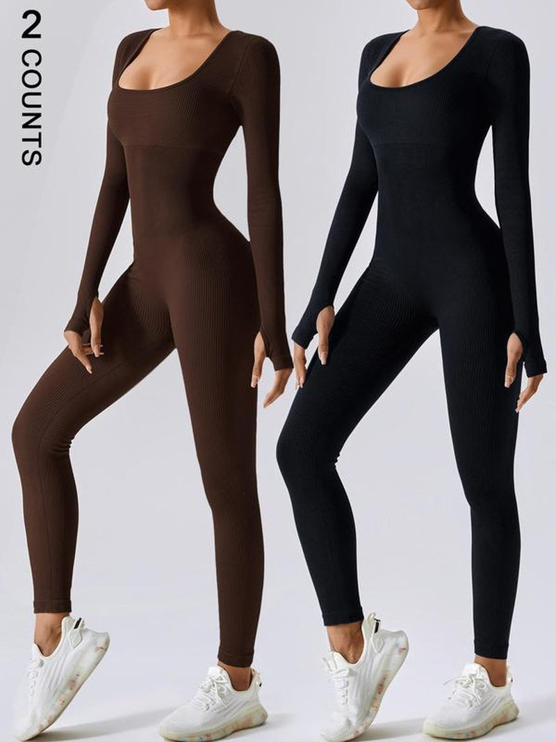 Women'S Solid Ribbed Long Sleeve Sports Playsuit Tummy Control Jumpsuit, Workout Ribbed Long Sleeve Exercise Bodycon Jumpsuit, Seamless Jumpsuits One-Piece Yoga Suit, Summer Outfits 2024