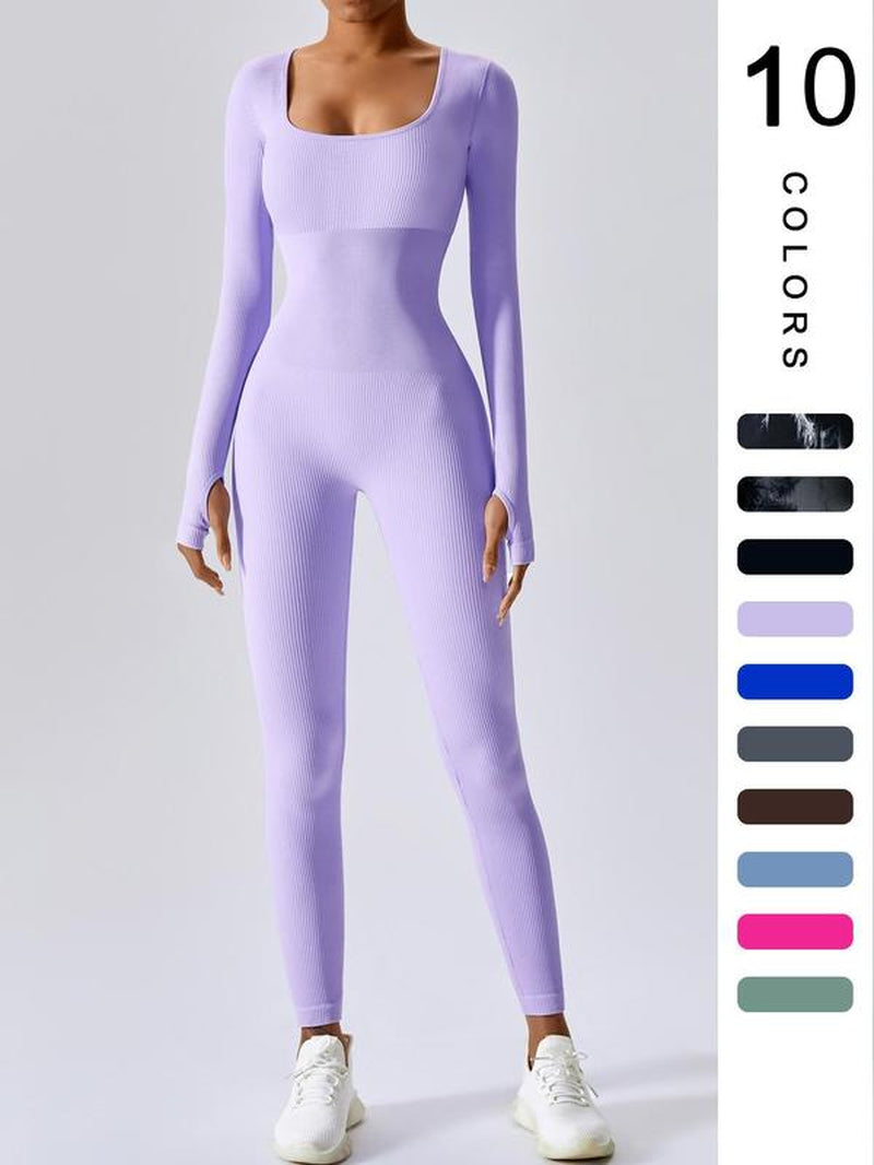 Women'S Solid Ribbed Long Sleeve Sports Playsuit Tummy Control Jumpsuit, Workout Ribbed Long Sleeve Exercise Bodycon Jumpsuit, Seamless Jumpsuits One-Piece Yoga Suit, Summer Outfits 2024