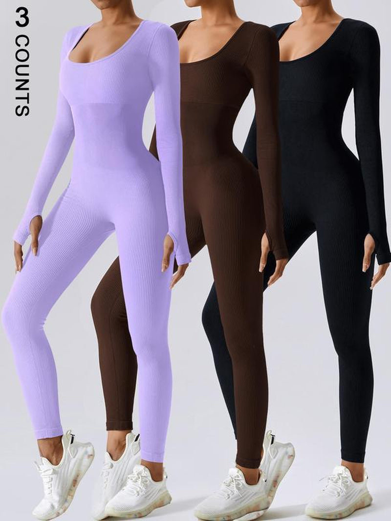Women'S Solid Ribbed Long Sleeve Sports Playsuit Tummy Control Jumpsuit, Workout Ribbed Long Sleeve Exercise Bodycon Jumpsuit, Seamless Jumpsuits One-Piece Yoga Suit, Summer Outfits 2024
