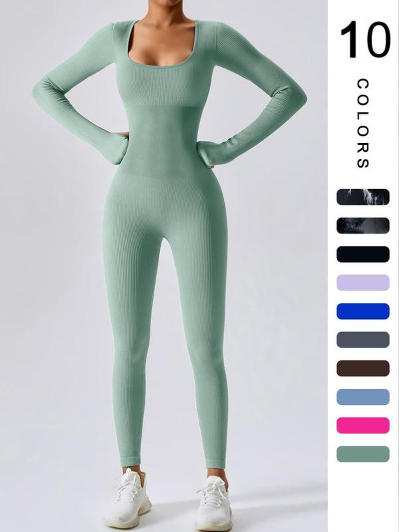 Women'S Solid Ribbed Long Sleeve Sports Playsuit Tummy Control Jumpsuit, Workout Ribbed Long Sleeve Exercise Bodycon Jumpsuit, Seamless Jumpsuits One-Piece Yoga Suit, Summer Outfits 2024