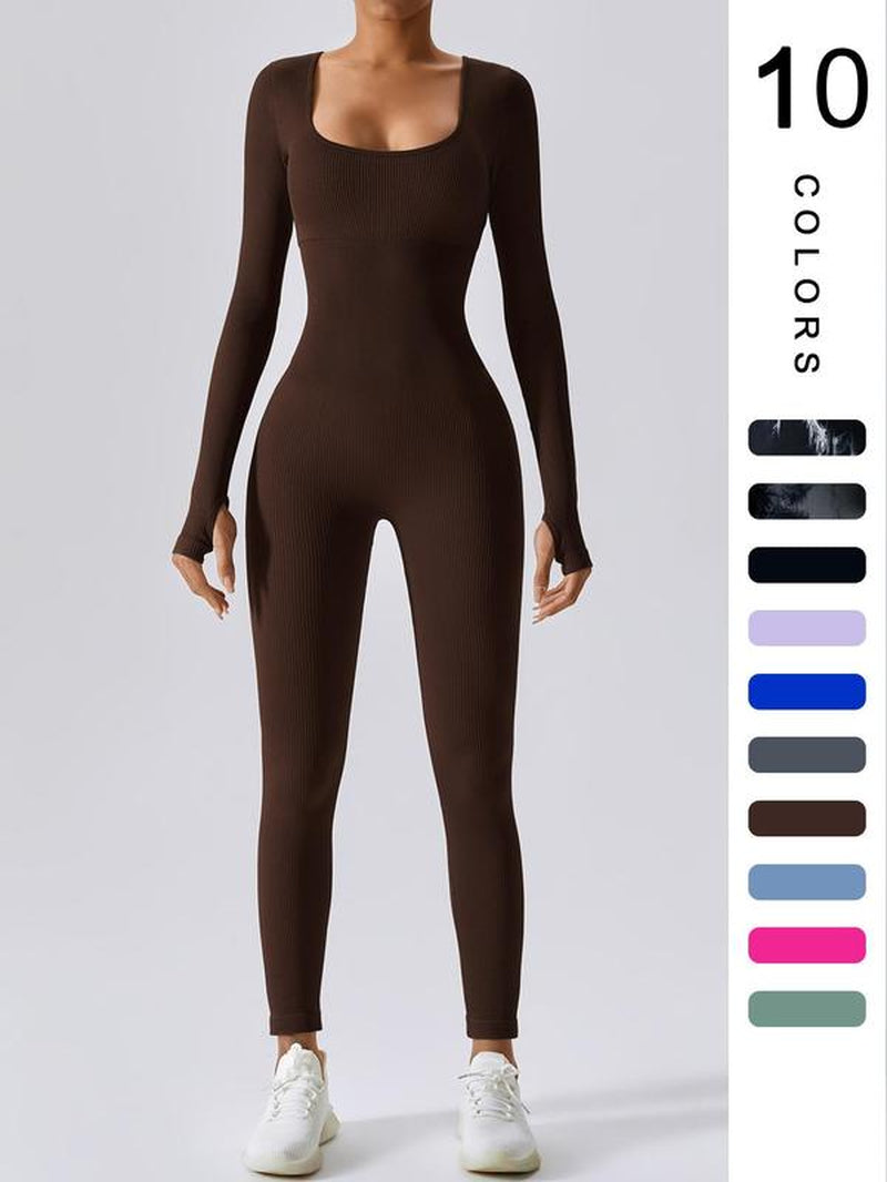 Women'S Solid Ribbed Long Sleeve Sports Playsuit Tummy Control Jumpsuit, Workout Ribbed Long Sleeve Exercise Bodycon Jumpsuit, Seamless Jumpsuits One-Piece Yoga Suit, Summer Outfits 2024