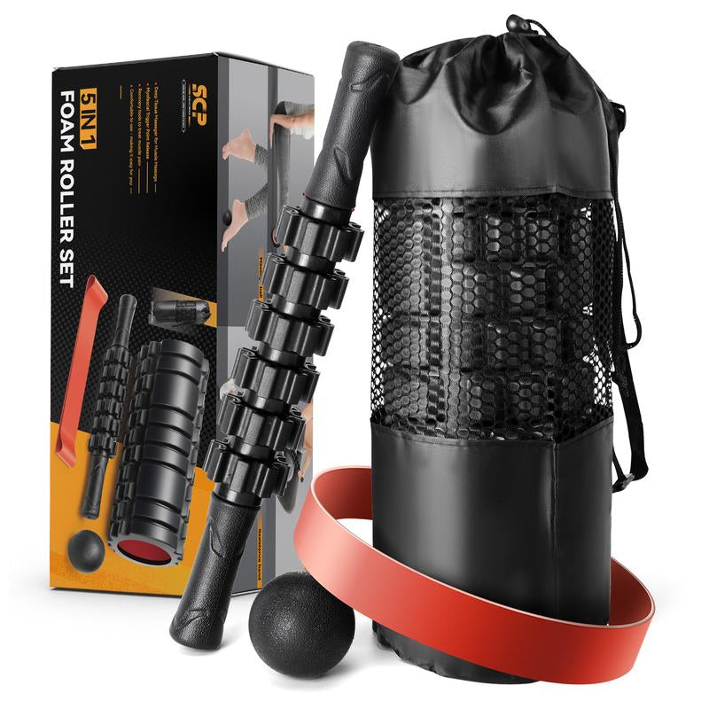 5-in-1 Foam Roller Set with Trigger Point Rollers, Massage Stick, Massage Ball, and Resistance Band for Comprehensive Deep Muscle Relief in Pilates, Yoga, and Fitness Exercise.