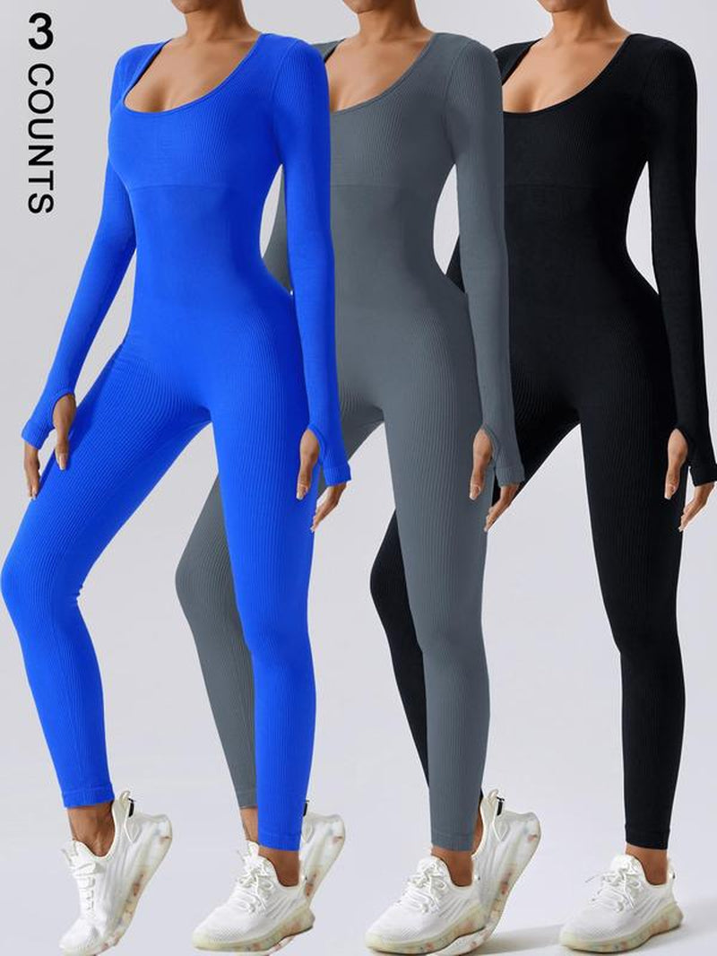 Women'S Solid Ribbed Long Sleeve Sports Playsuit Tummy Control Jumpsuit, Workout Ribbed Long Sleeve Exercise Bodycon Jumpsuit, Seamless Jumpsuits One-Piece Yoga Suit, Summer Outfits 2024