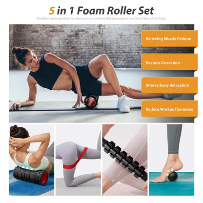 5-in-1 Foam Roller Set with Trigger Point Rollers, Massage Stick, Massage Ball, and Resistance Band for Comprehensive Deep Muscle Relief in Pilates, Yoga, and Fitness Exercise.