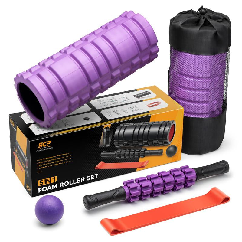 5-in-1 Foam Roller Set with Trigger Point Rollers, Massage Stick, Massage Ball, and Resistance Band for Comprehensive Deep Muscle Relief in Pilates, Yoga, and Fitness Exercise.