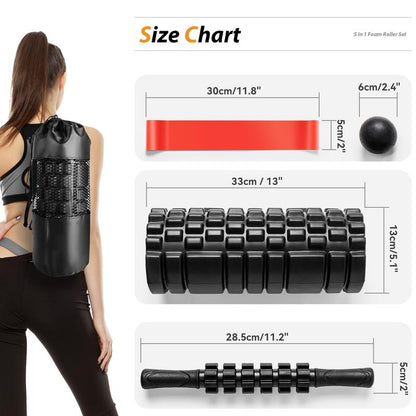 5-in-1 Foam Roller Set with Trigger Point Rollers, Massage Stick, Massage Ball, and Resistance Band for Comprehensive Deep Muscle Relief in Pilates, Yoga, and Fitness Exercise.