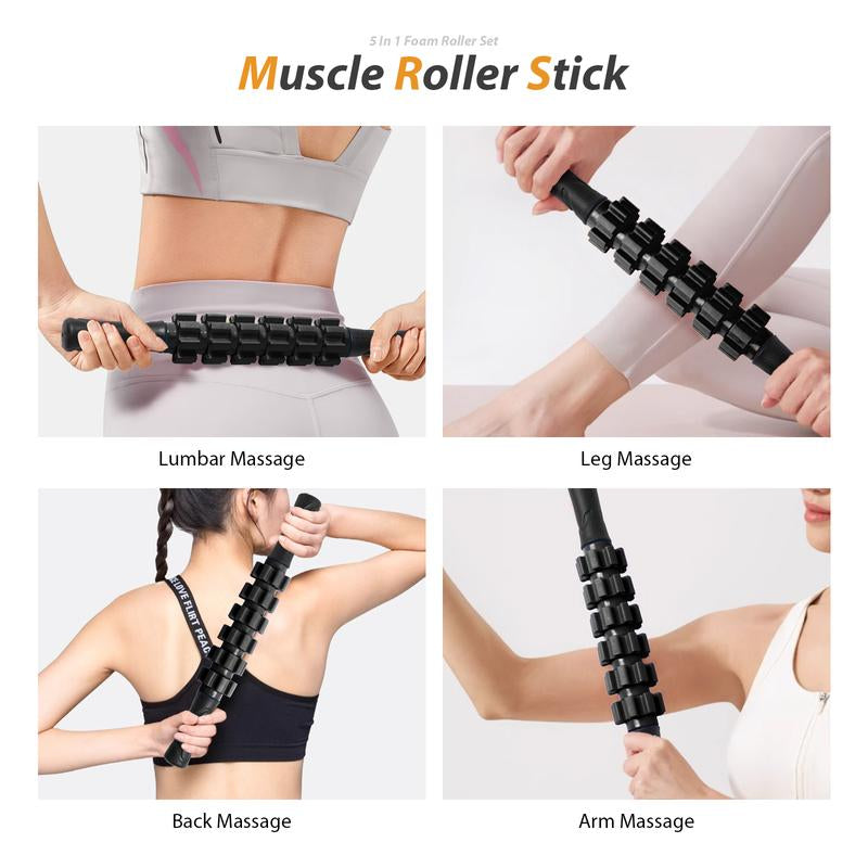 5-in-1 Foam Roller Set with Trigger Point Rollers, Massage Stick, Massage Ball, and Resistance Band for Comprehensive Deep Muscle Relief in Pilates, Yoga, and Fitness Exercise.